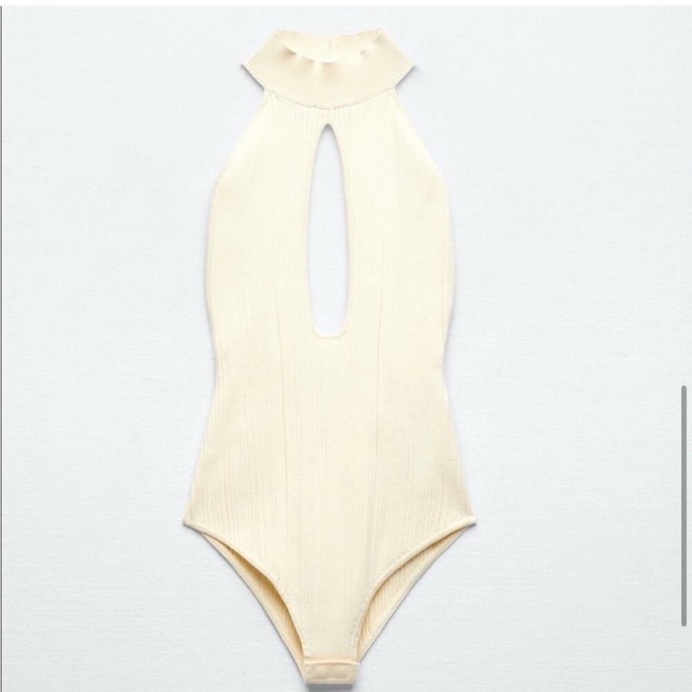 Zara Cream Bodysuit Knit Cut Out Halter Neck Size XL - Picture 6 of 9